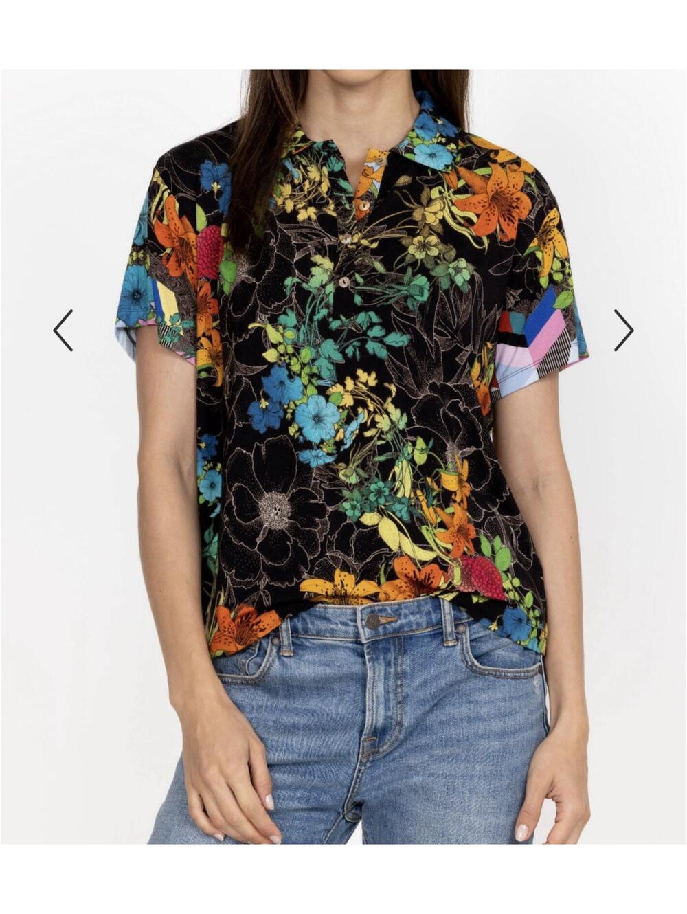 JOHNNY WAS Nero Sequence Floral Short Sleeve Polo Tee T-Shirt Top Size S